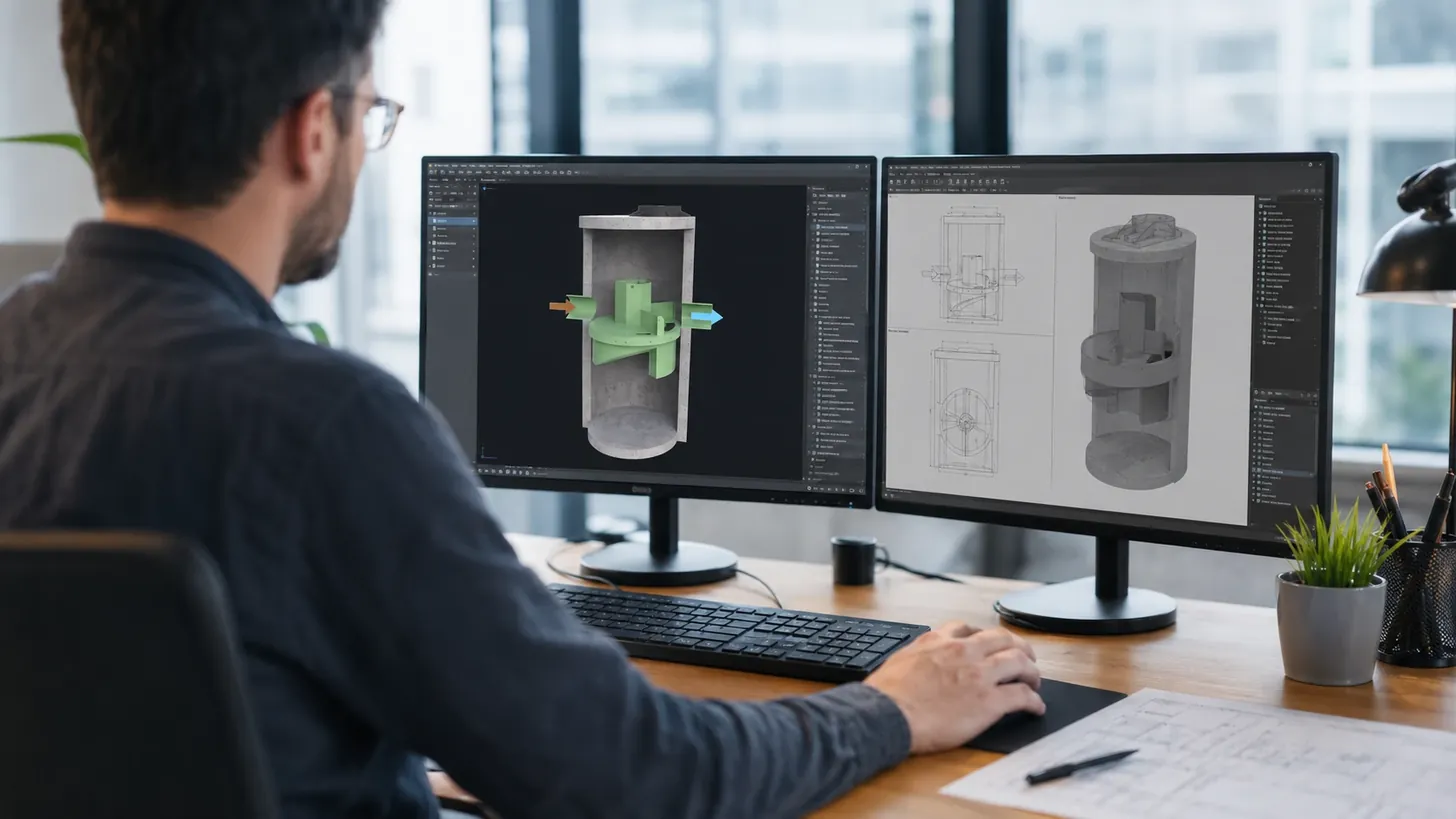 Engineer designing an oil-grit separator in 3D CAD with technical drawings